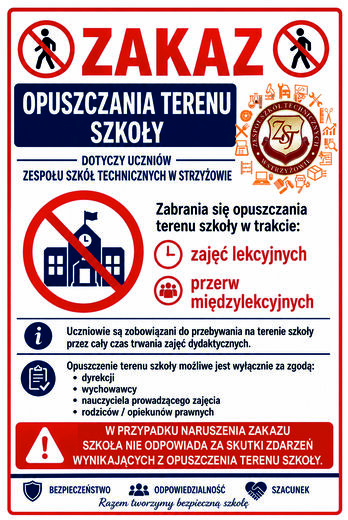 Przypomnienie o zakazie opuszczania terenu szkoły w trakcie zajęć i przerw międzylekcyjnych.