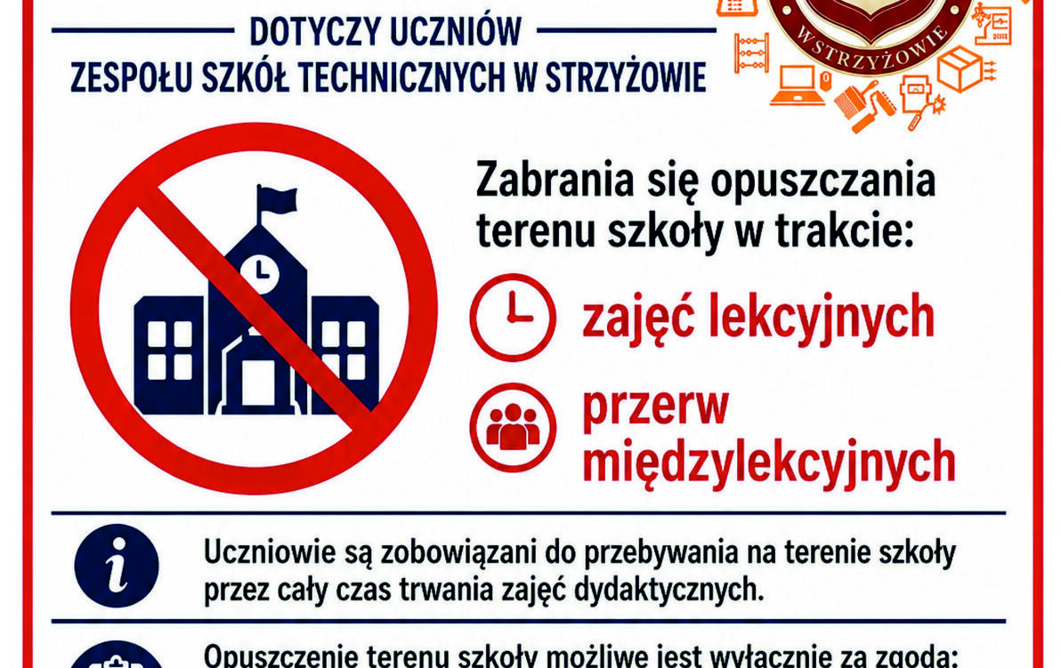 Zdjęcie do Przypomnienie o zakazie opuszczania terenu szkoły w trakcie zajęć i przerw międzylekcyjnych.