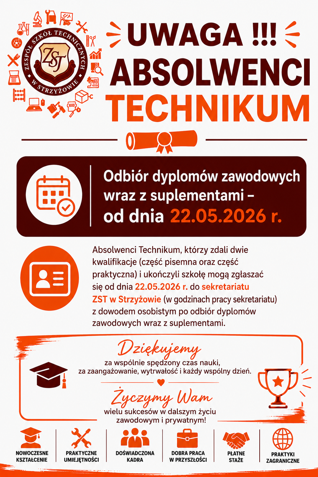 Zdjęcie do UWAGA !!! ABSOLWENCI TECHNIKUM Odbi&oacute;r dyplom&oacute;w zawodowych wraz z suplementami - od dnia 22.05.2026 r.
